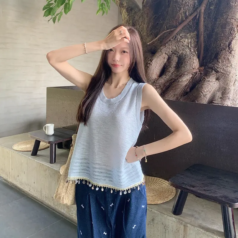 Summer Bohemia Shell Tassel Hollow Sleeveless Loose Casual Knitted Vest For Women