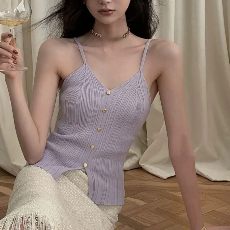 Fashion Casual French Stretch Slim Fit Sexy Elegant Knitted Vest Tops For Women