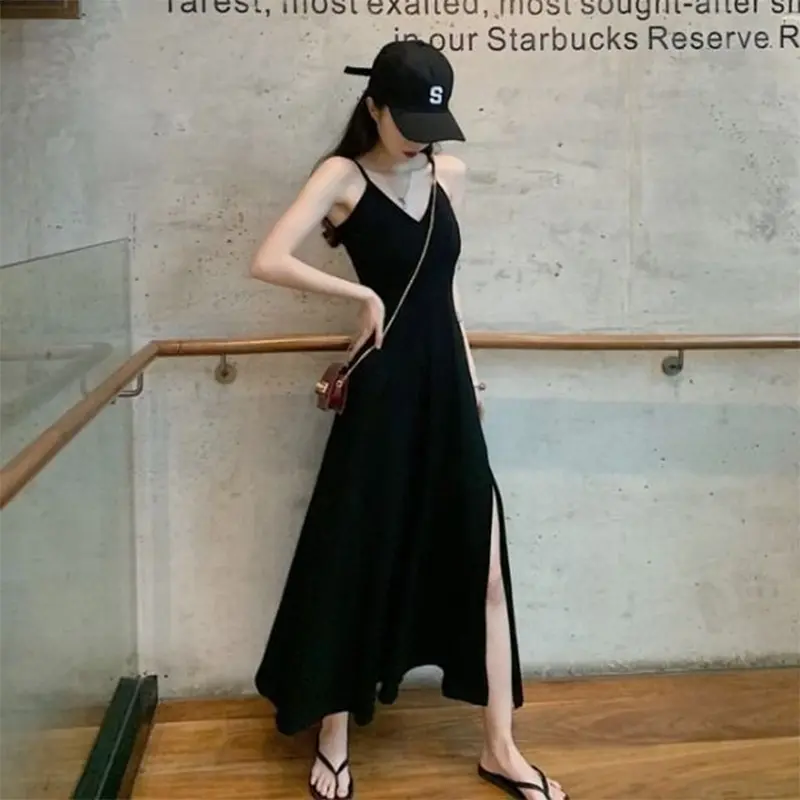 Korean Women's Split V-Neck Camisole Dress Solid Color Long Backless Dress