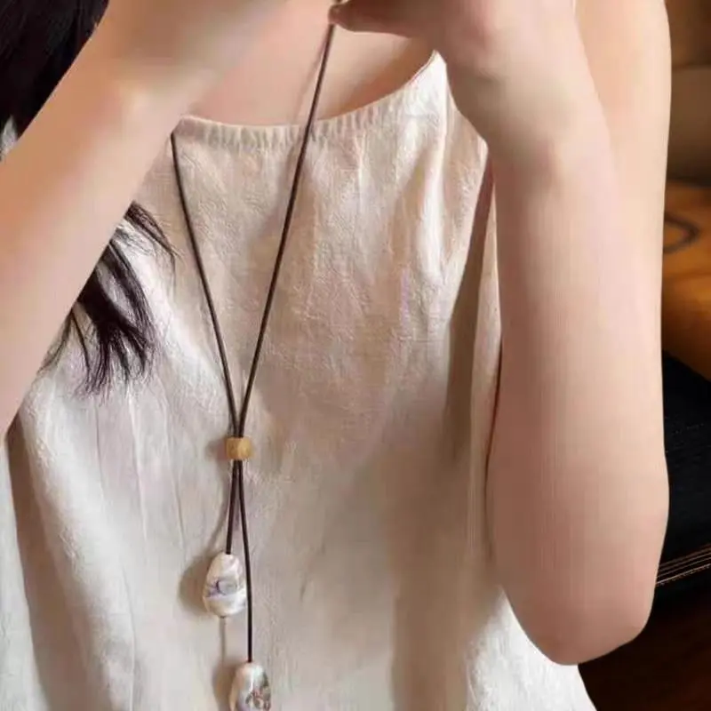 Elegant Long Oval Pendant Necklace New Chinese Style Forest System Simple Vintage Zen Fashion Design Jewelry Accessory