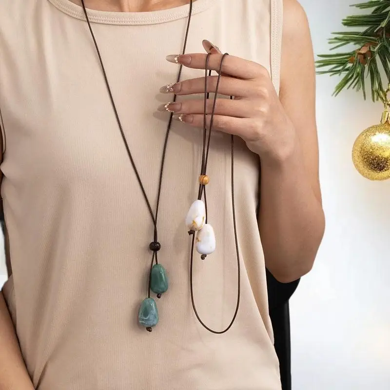 Elegant Long Oval Pendant Necklace New Chinese Style Forest System Simple Vintage Zen Fashion Design Jewelry Accessory