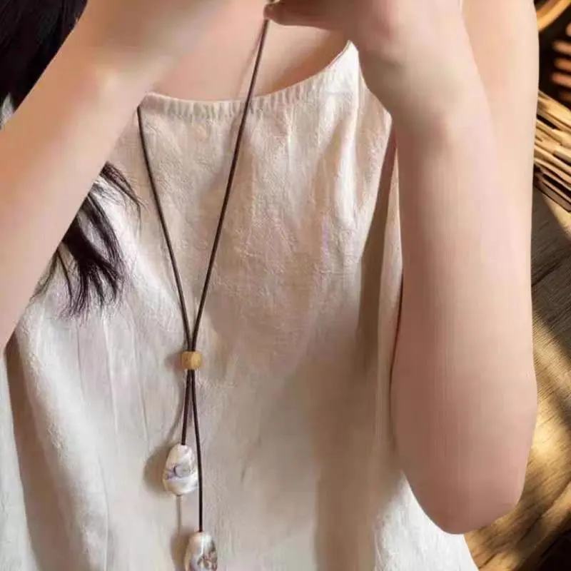 Elegant Long Oval Pendant Necklace New Chinese Style Forest System Simple Vintage Zen Fashion Design Jewelry Accessory