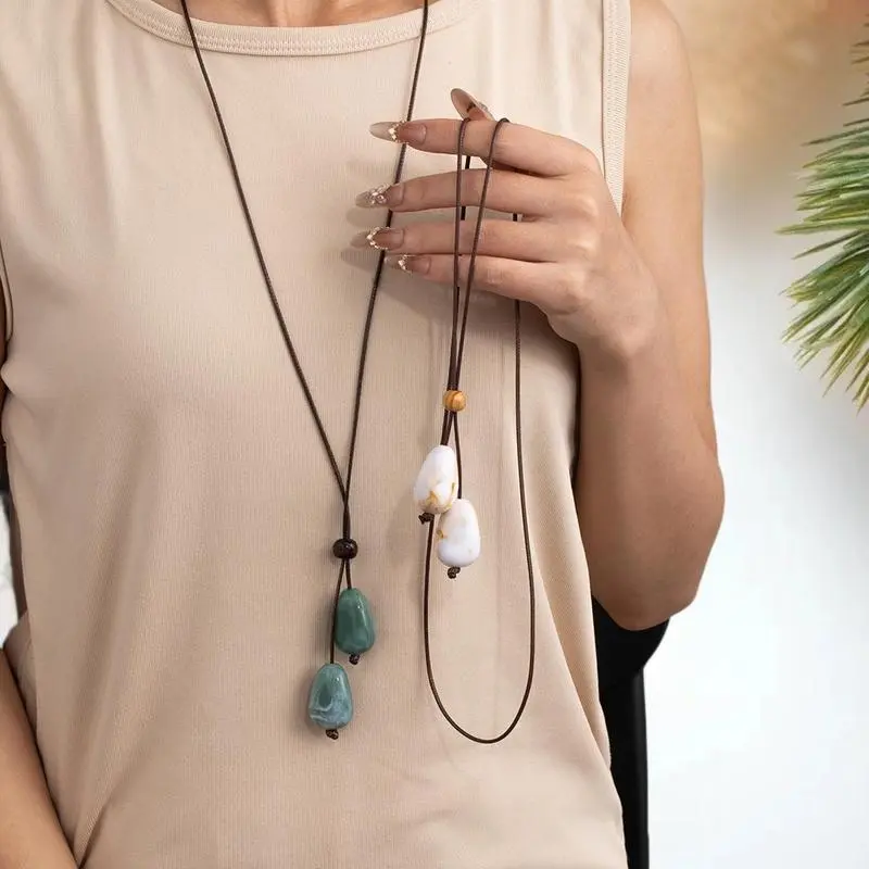Elegant Long Oval Pendant Necklace New Chinese Style Forest System Simple Vintage Zen Fashion Design Jewelry Accessory
