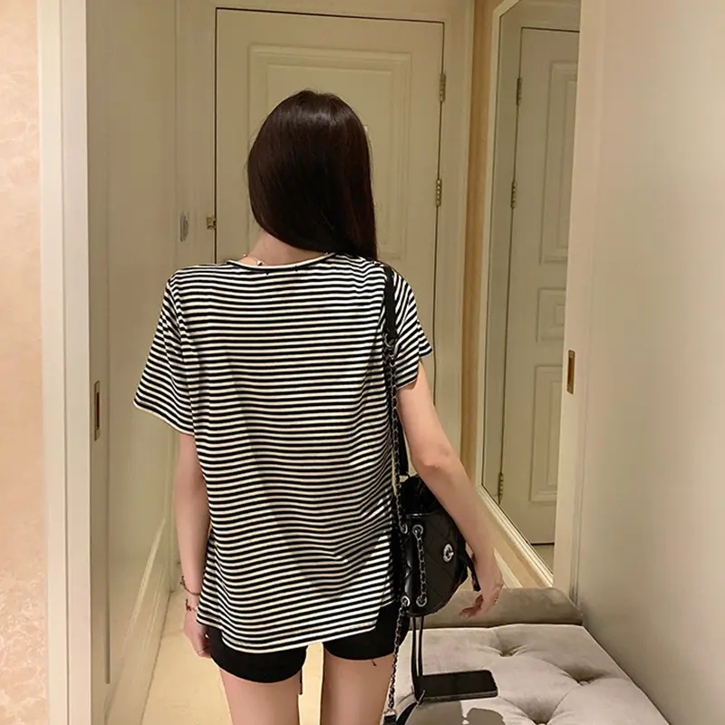 Summer Striped T-shirt Korean Loose Casual V-neck Short Sleeve Top For Women
