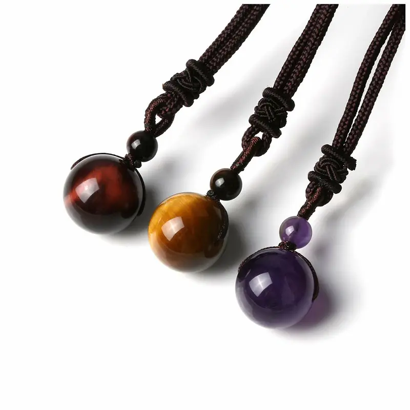 Crystal Necklace Natural Tiger Eye Amethyst Volcanic Stone Necklace Pendant Lucky Blessing Stone Pendant Men's Necklace