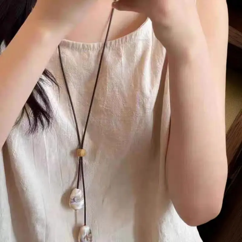 Elegant Long Oval Pendant Necklace New Chinese Style Forest System Simple Vintage Zen Fashion Design Jewelry Accessory