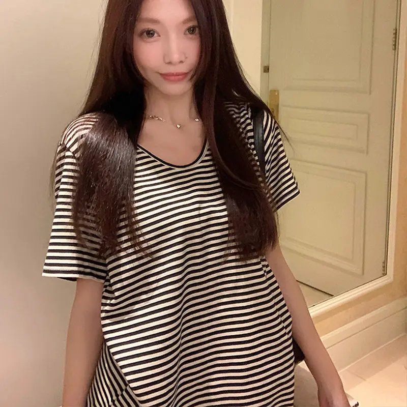 Summer Striped T-shirt Korean Loose Casual V-neck Short Sleeve Top For Women