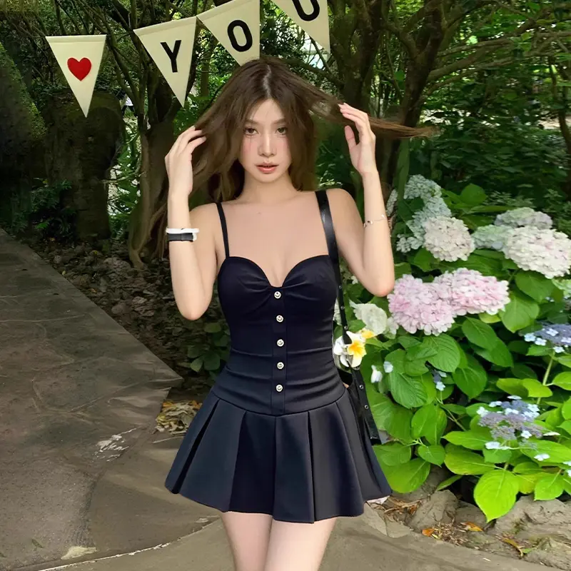 Single-breasted Spaghetti Strap A-line Pleated Summer Women Sexy Party Holiday Black Mini Dress