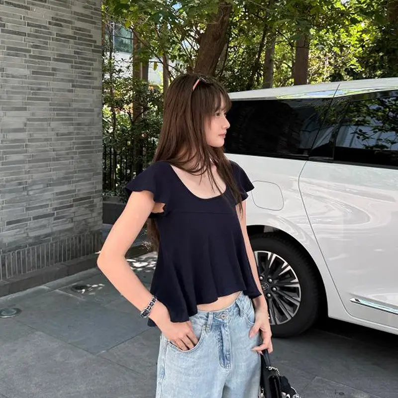U Neck Pleated Short Sleeve T-shirt Women Summer Korean Style Loose Solid All-match Casual Tops