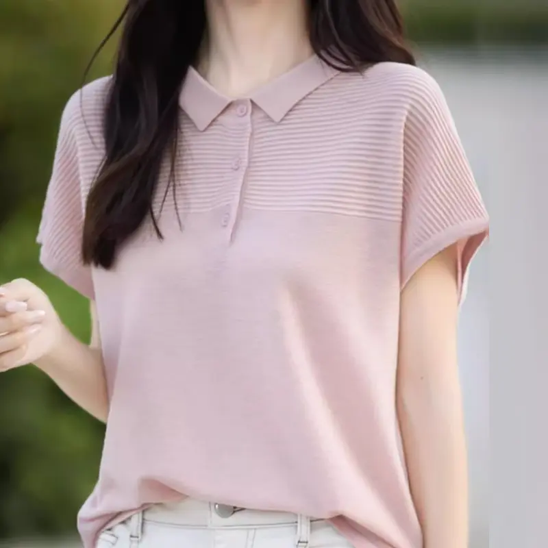 French Collar Knitted Short Sleeved T Shirt For Women Lightweight And Breathable