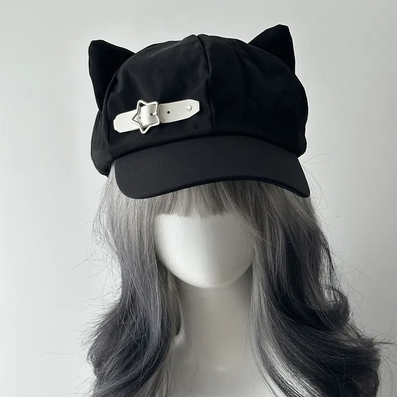 Women's Cat's Ears Harajuku Gothic Lolita Beret Y2K Girls' Steampunk Punk Zipper Handmade Sun Hat Cap