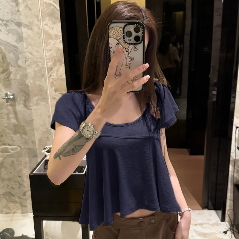U Neck Pleated Short Sleeve T-shirt Women Summer Korean Style Loose Solid All-match Casual Tops