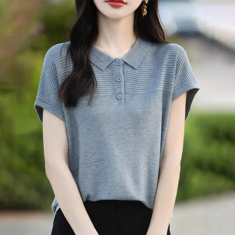 French Collar Knitted Short Sleeved T Shirt For Women Lightweight And Breathable