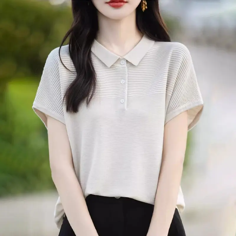 French Collar Knitted Short Sleeved T Shirt For Women Lightweight And Breathable