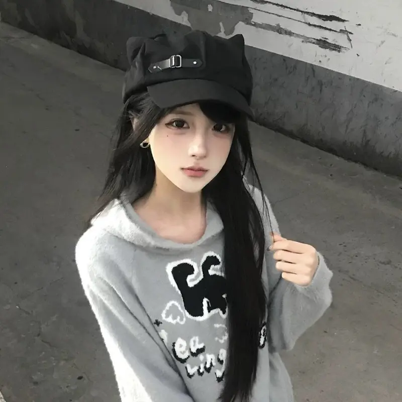 Women's Cat's Ears Harajuku Gothic Lolita Beret Y2K Girls' Steampunk Punk Zipper Handmade Sun Hat Cap