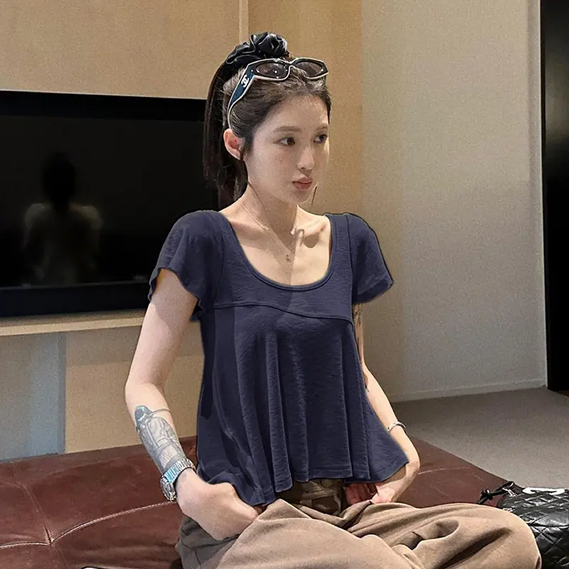 U Neck Pleated Short Sleeve T-shirt Women Summer Korean Style Loose Solid All-match Casual Tops