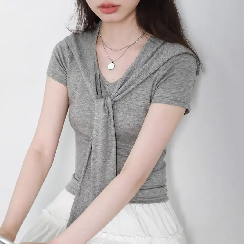 Summer Korean College Style Navy Collar Lace-up Short Sleeve Slim T-shirt For Women