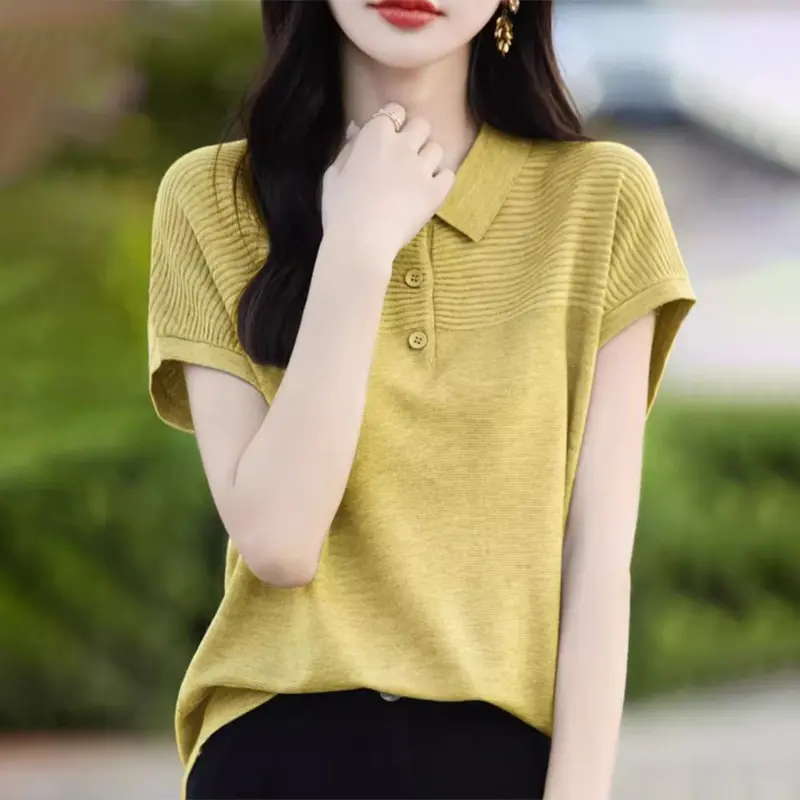 French Collar Knitted Short Sleeved T Shirt For Women Lightweight And Breathable