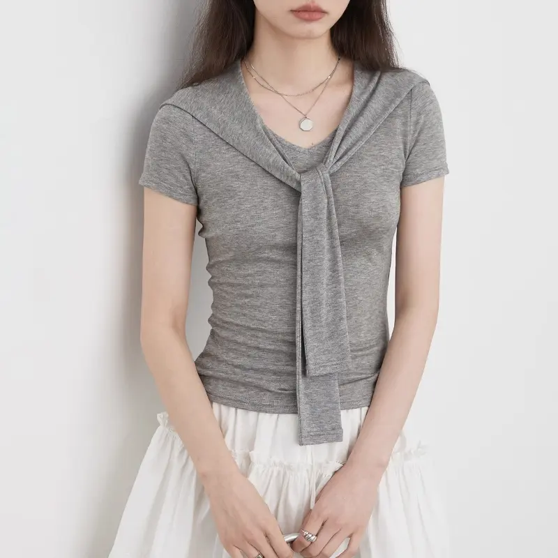 Summer Korean College Style Navy Collar Lace-up Short Sleeve Slim T-shirt For Women