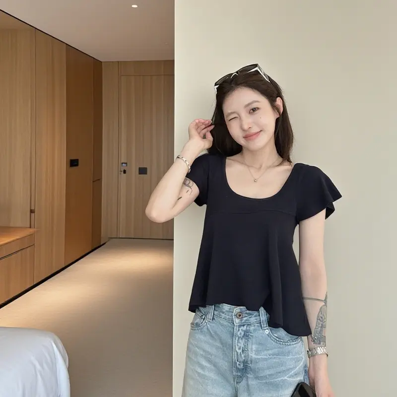 U Neck Pleated Short Sleeve T-shirt Women Summer Korean Style Loose Solid All-match Casual Tops