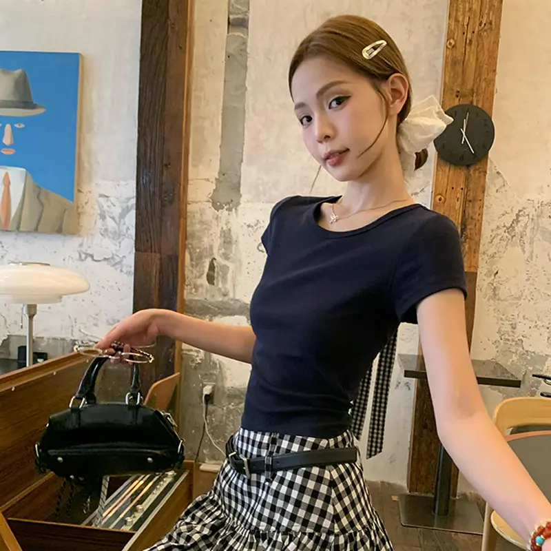 Round Neck Straight Shoulder Short Sleeve T-shirt Women's Summer Sweet Back Bow Casual Top
