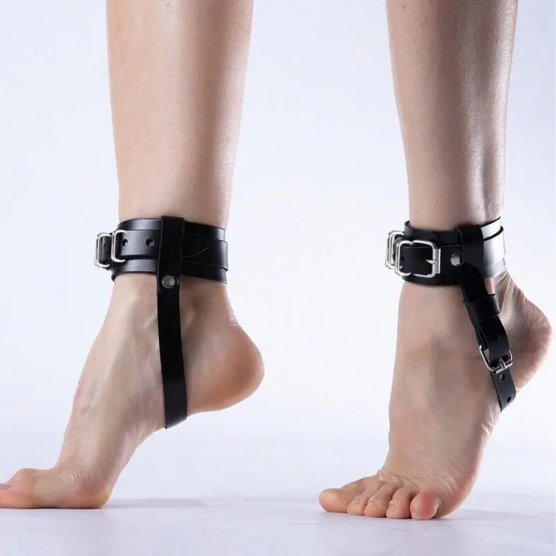 2PCS Punk Women Adjustable Black PU Leather Ankle Harness With Buckle Straps Gothic Foot Accessories For For Cosplay Party
