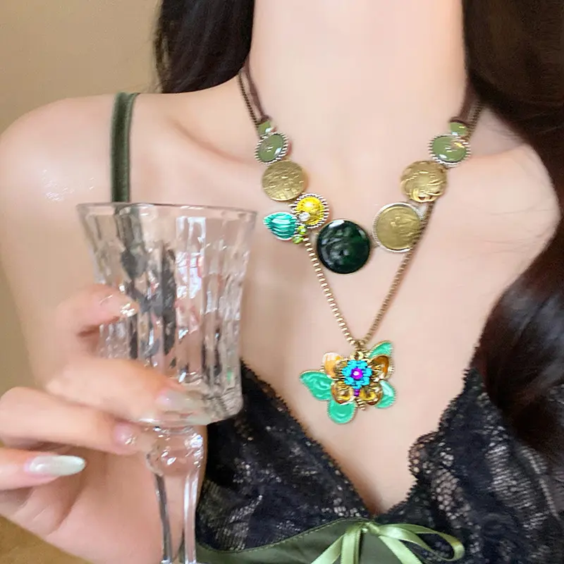 Y2K Green Metal Butterfly Necklace For Women Temperament Fashion INS Fairy Girls Metal Chain Necklace