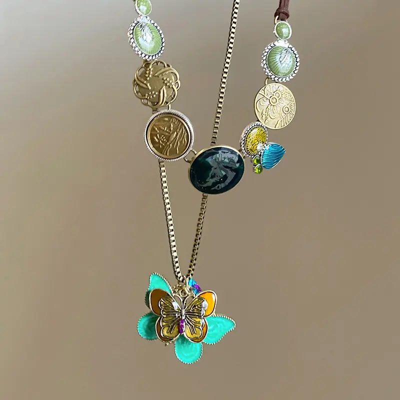 Y2K Green Metal Butterfly Necklace For Women Temperament Fashion INS Fairy Girls Metal Chain Necklace