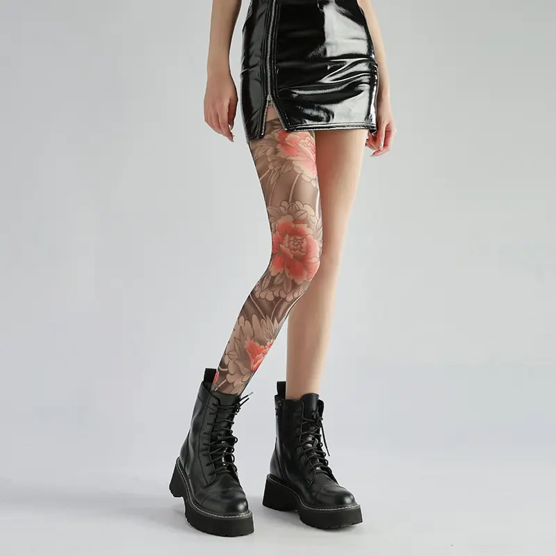 Women's Sexy Printed Tights Fake Tattoo Peony Pantyhose Female Perspective Mesh Leggings Nylon Socks