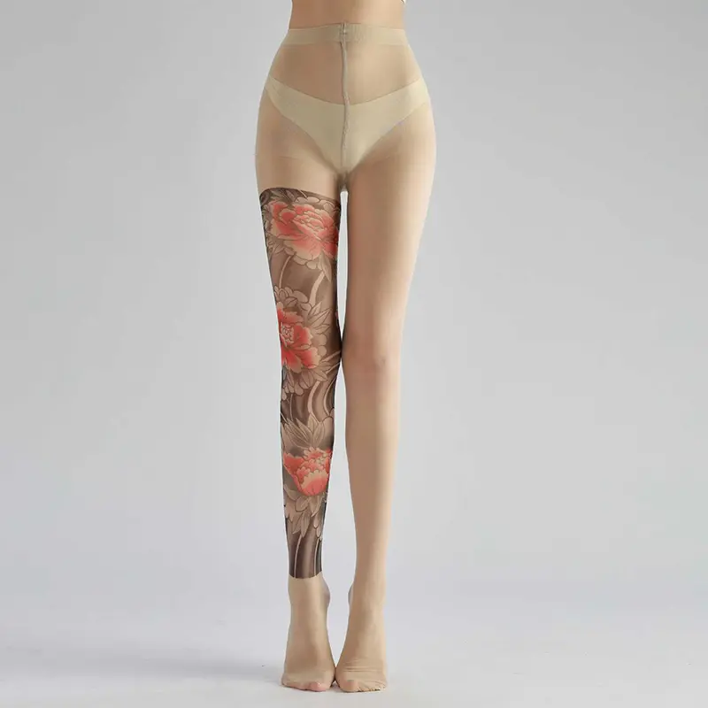 Women's Sexy Printed Tights Fake Tattoo Peony Pantyhose Female Perspective Mesh Leggings Nylon Socks