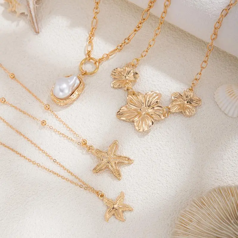 Fashion Stainless Steel Starfish Flower Imitation Pearl Pendant Necklaces For Women Beach Party Stackable Jewelry