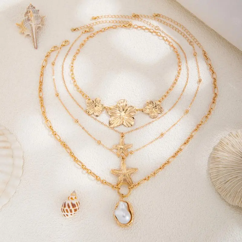 Fashion Stainless Steel Starfish Flower Imitation Pearl Pendant Necklaces For Women Beach Party Stackable Jewelry