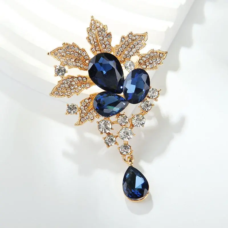 Vintage Crystal Studded Rhinestone Flower Water Droplet Brooches For Women Clothing Coat Jewelry Accessries Gifts