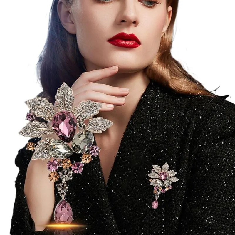 Vintage Crystal Studded Rhinestone Flower Water Droplet Brooches For Women Clothing Coat Jewelry Accessries Gifts