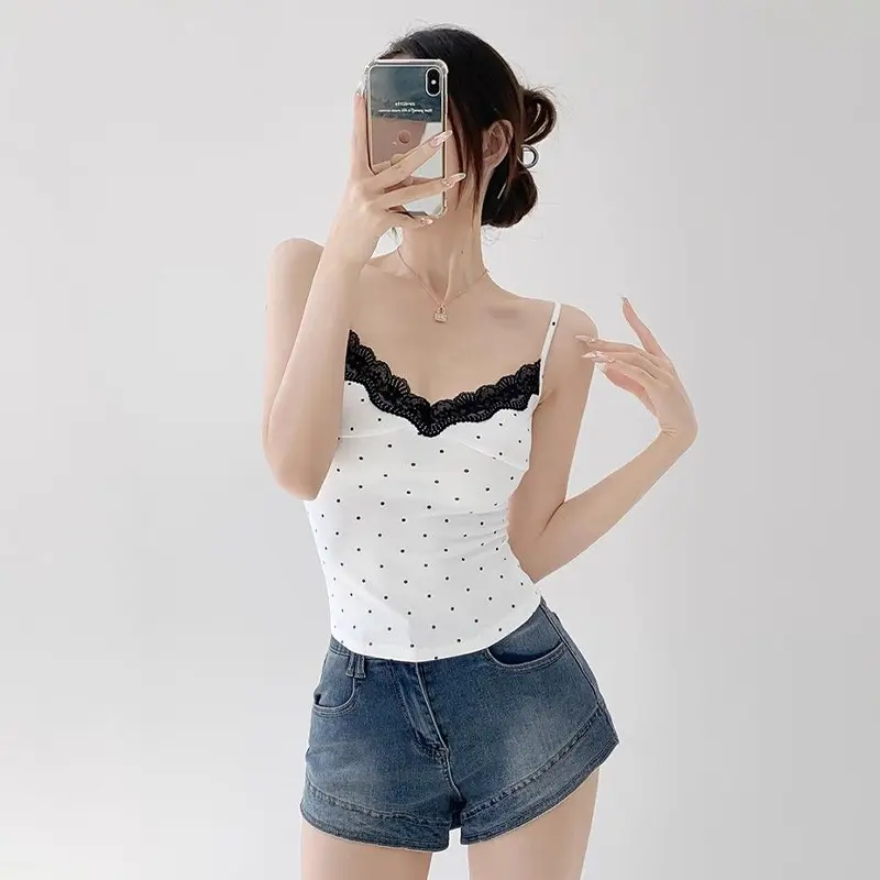 Fashion Polka Dot Lace Splicing V-Neck Women's Short Sleeveless Tank Top