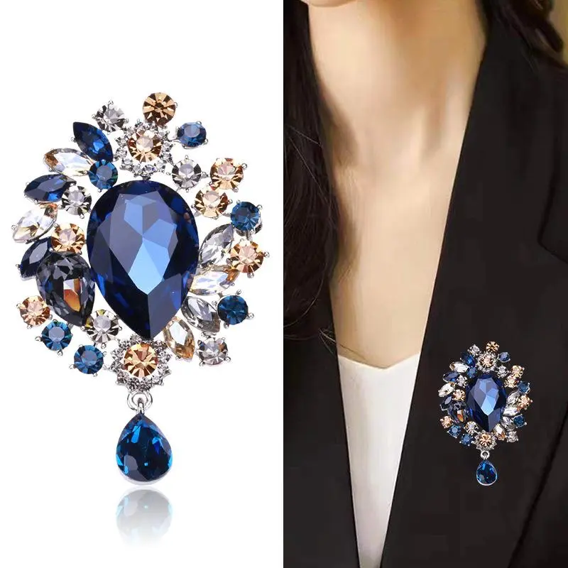 Fashion Retro Luxury Crystal Water Droplet Pendant Brooches For Women Clothing Coat Jewelry Accessries Gifts