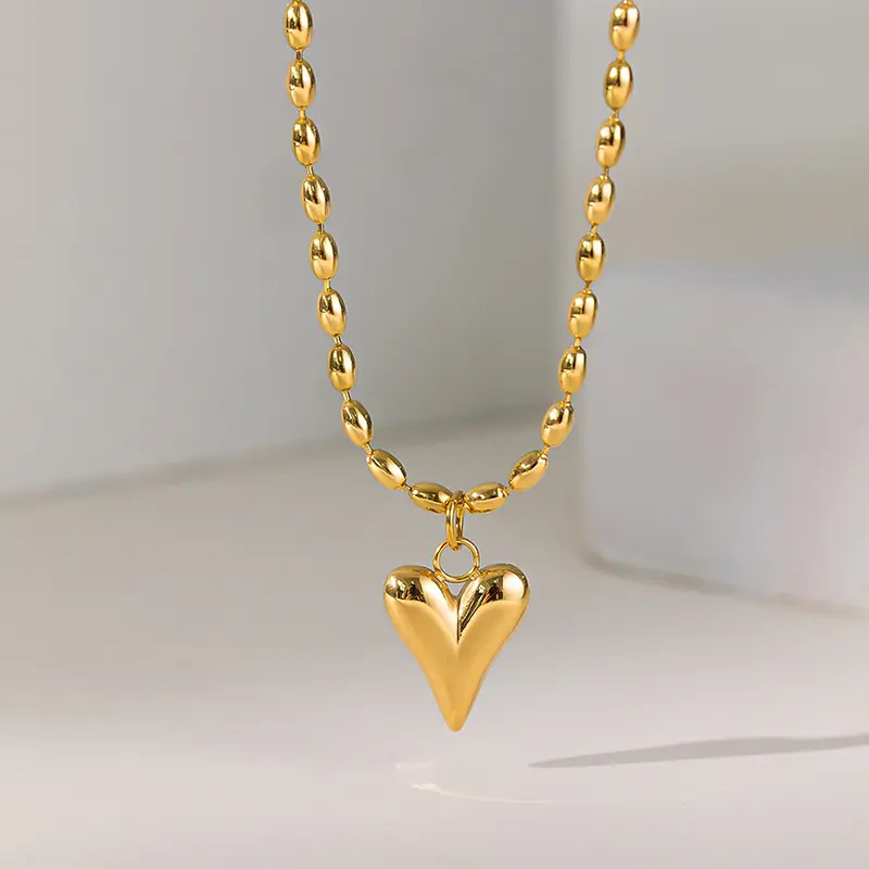 18K Gold Plated Stainless Steel Heart Pendant Bead Chain Necklace For Women Love Symbol Hypoallergenic Dainty Jewelry Gift
