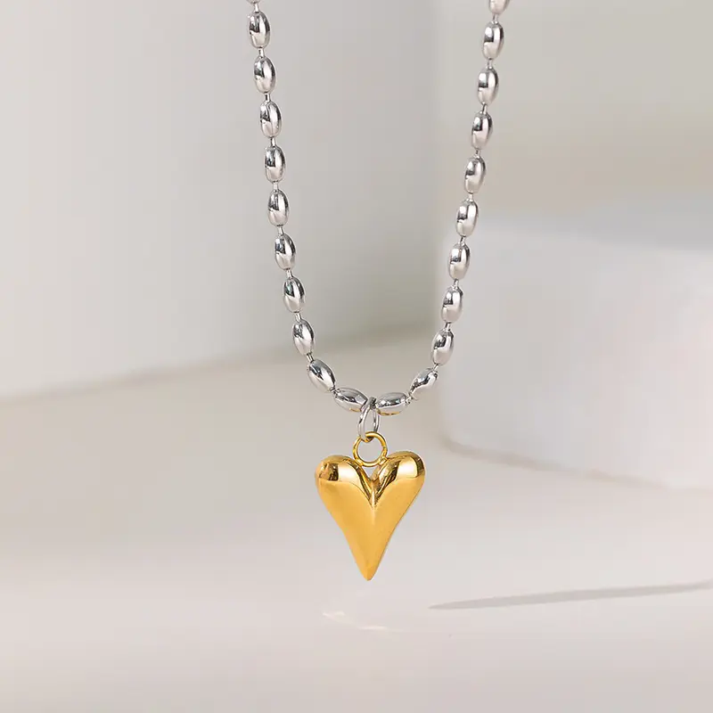18K Gold Plated Stainless Steel Heart Pendant Bead Chain Necklace For Women Love Symbol Hypoallergenic Dainty Jewelry Gift