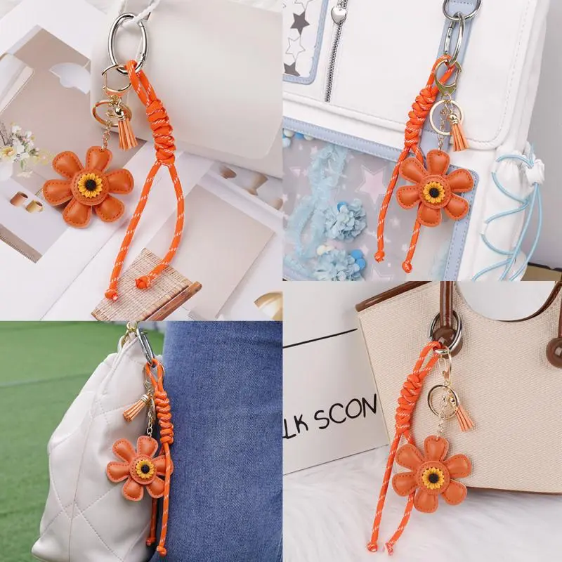 Fashion Creative Leather Sunflower Woven Rope Bag Charm Exquisite Multi-color Flower Pendant Stylish Backpack Key Ring Gifts