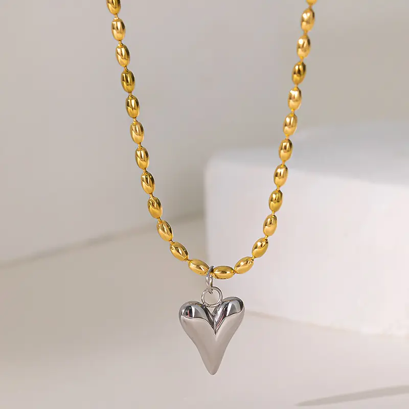 18K Gold Plated Stainless Steel Heart Pendant Bead Chain Necklace For Women Love Symbol Hypoallergenic Dainty Jewelry Gift
