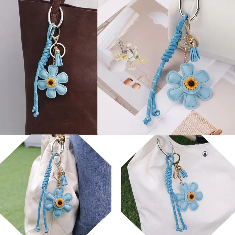 Fashion Creative Leather Sunflower Woven Rope Bag Charm Exquisite Multi-color Flower Pendant Stylish Backpack Key Ring Gifts