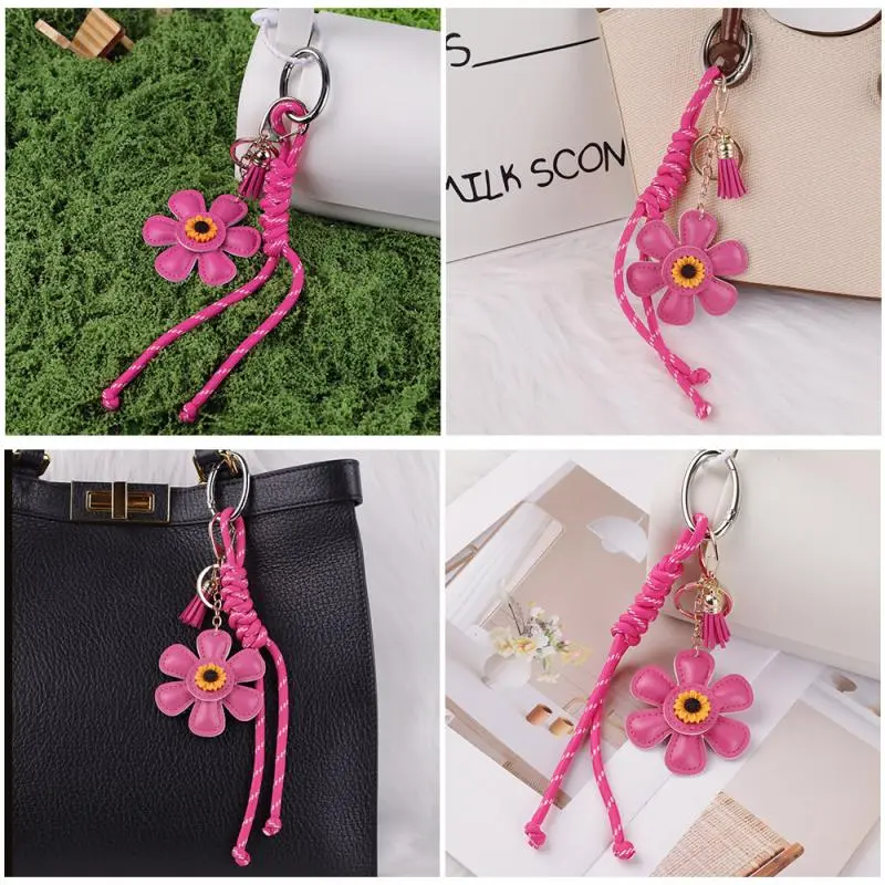 Fashion Creative Leather Sunflower Woven Rope Bag Charm Exquisite Multi-color Flower Pendant Stylish Backpack Key Ring Gifts