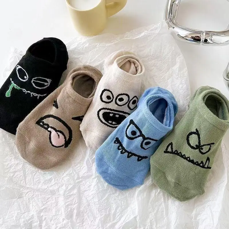 5 Pairs Women Funny Cartoon Socks Slippers Set Female Girls Spring Summer Breathable Students Short Ankle Socks Set For Women