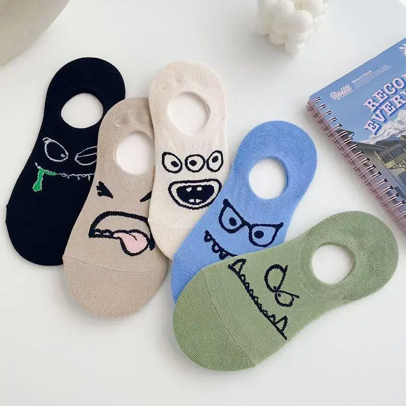 5 Pairs Women Funny Cartoon Socks Slippers Set Female Girls Spring Summer Breathable Students Short Ankle Socks Set For Women