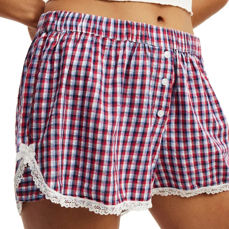 Women's Summer Casual Pajama Shorts Loose Fit Elastic Band Plaid Print Lounge Shorts Ladies Leisure Style Sleep Bottoms