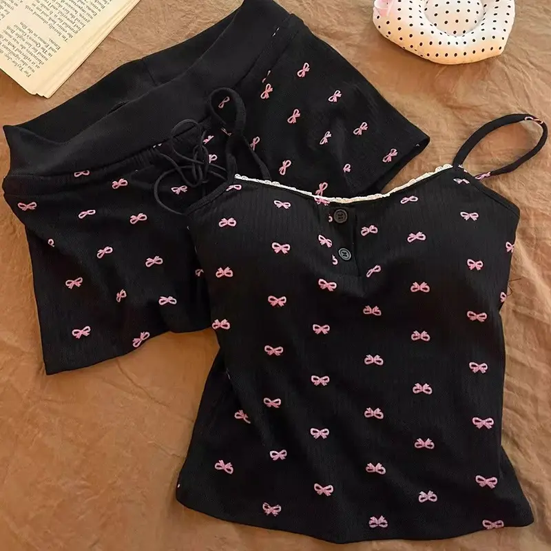 Bowknot Summer Ice Silk Thread Pajamas Set With Chest Pad Suspender Suit For Women