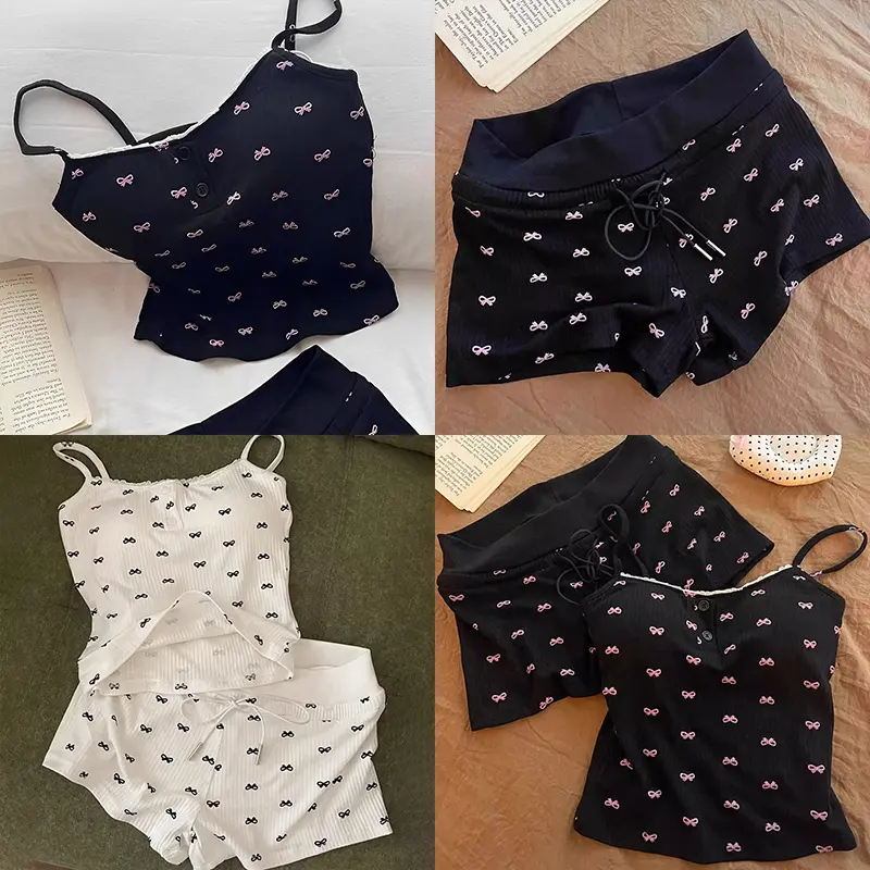Bowknot Summer Ice Silk Thread Pajamas Set With Chest Pad Suspender Suit For Women