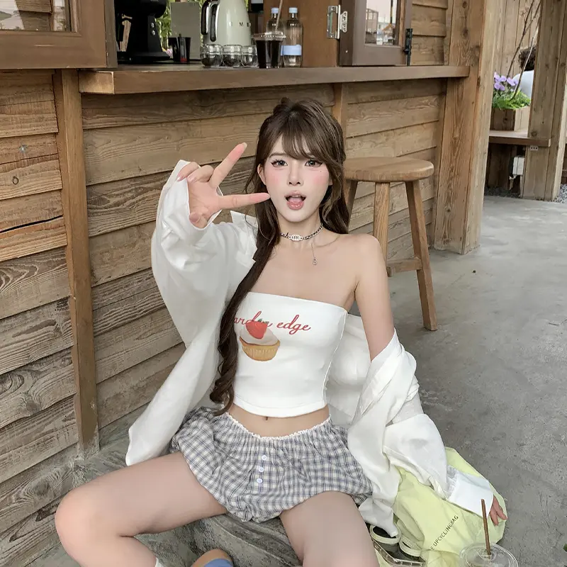 Women Sweet Summer Camisole Cake Letter Print Short Style Strapless Sheath Tops