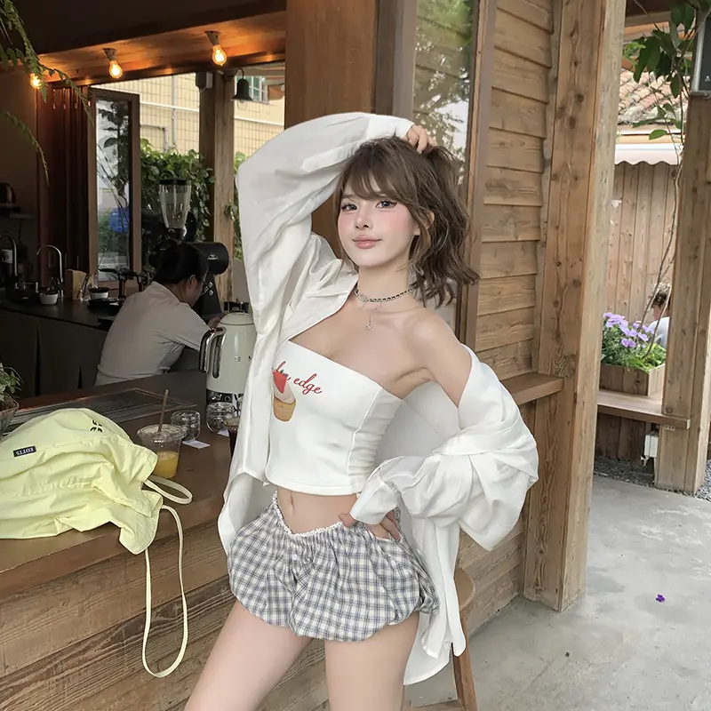 Women Sweet Summer Camisole Cake Letter Print Short Style Strapless Sheath Tops