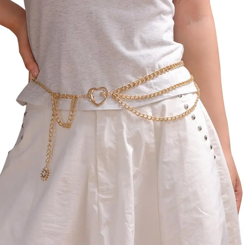 Multilayer Punk Gothic Heart Sun Moon Waist Chain Metal Belts For Women Dress Jewelry Accessories